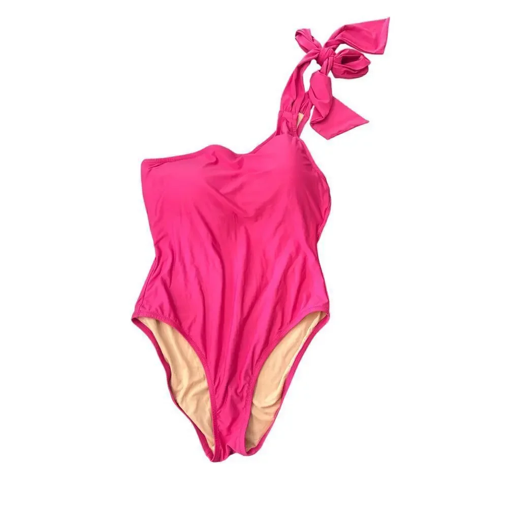 NWT J.Crew Women's Pink Bow High-rise Back One-shoulder One-piece Size 12